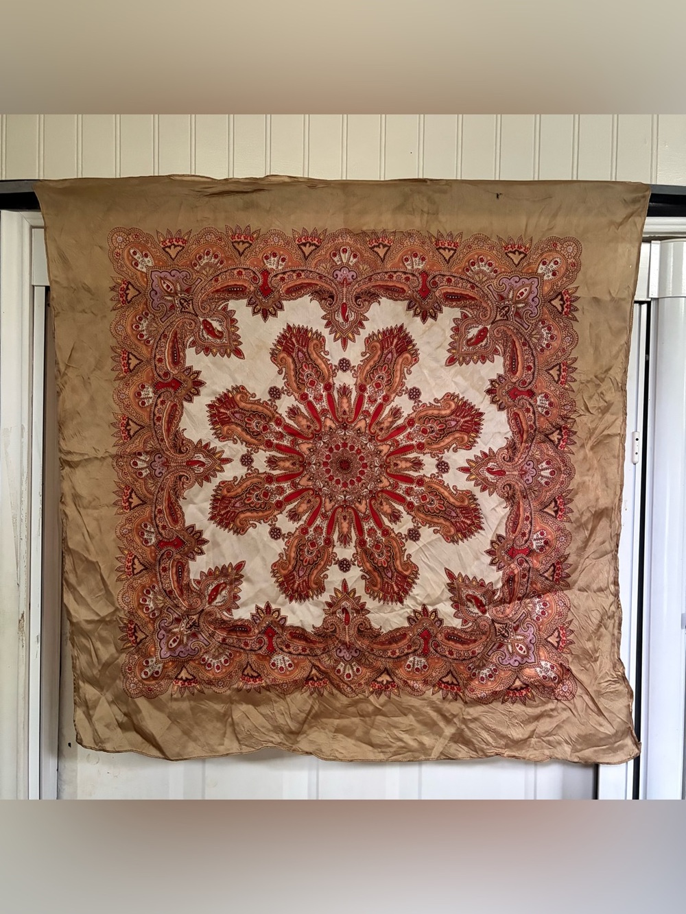 Vintage Silk Square Scarf Shawl Tan & Red Paisley VTG Coastal Grandma Designer